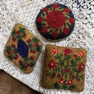 Vintage Set of 3 Hand Beaded Floral Christmas Ornaments Beads All Over Beads